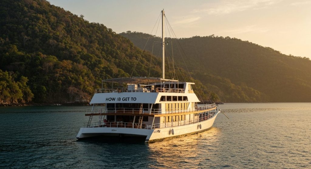 how to get to labuan bajo yacht charter starting point — Photorealistic editorial travel photograph relevant to: The hon