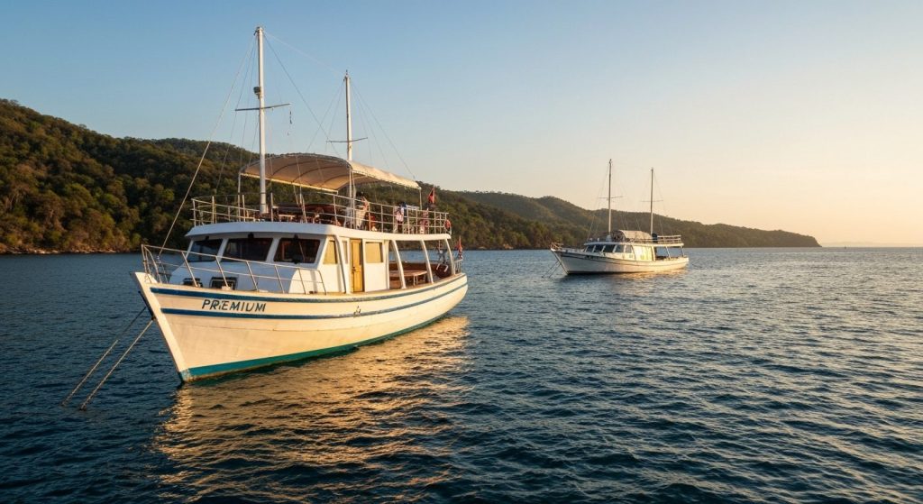 komodo liveaboard vs day yacht charter — Photorealistic editorial travel photograph relevant to: The honest, operator-gr