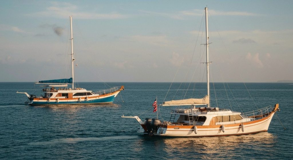 phinisi vs motor yacht komodo — Photorealistic editorial travel photograph relevant to: The honest, operator-grounded au